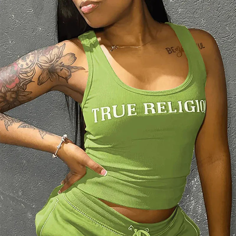 summer ribbed 2 piece crop top and shorts set in green with true religion print