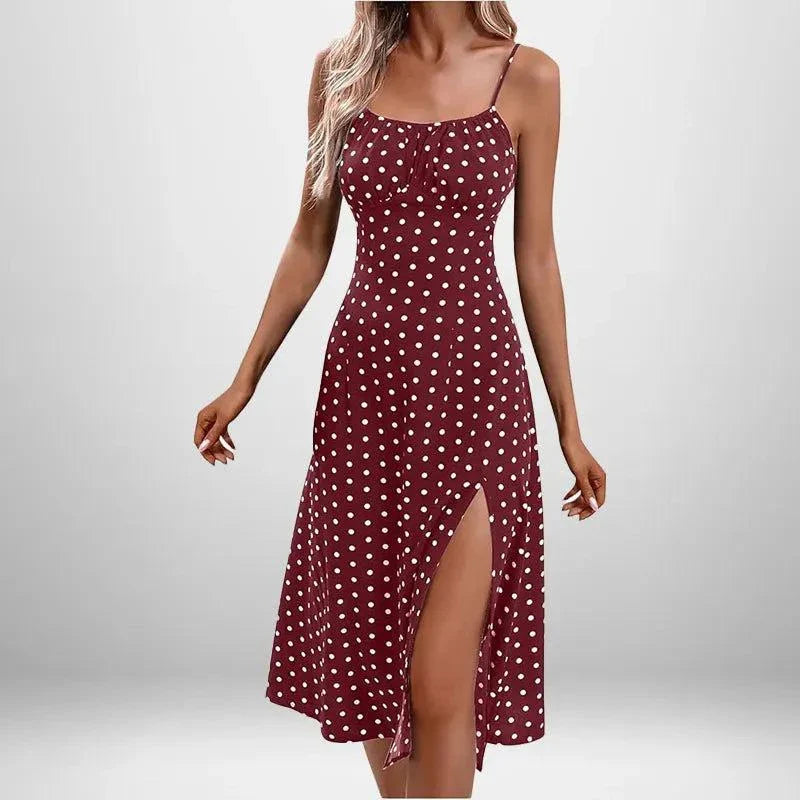 Summer INS Women's sexy maroon polka dot lace dress with split strap and thigh slit for summer outings