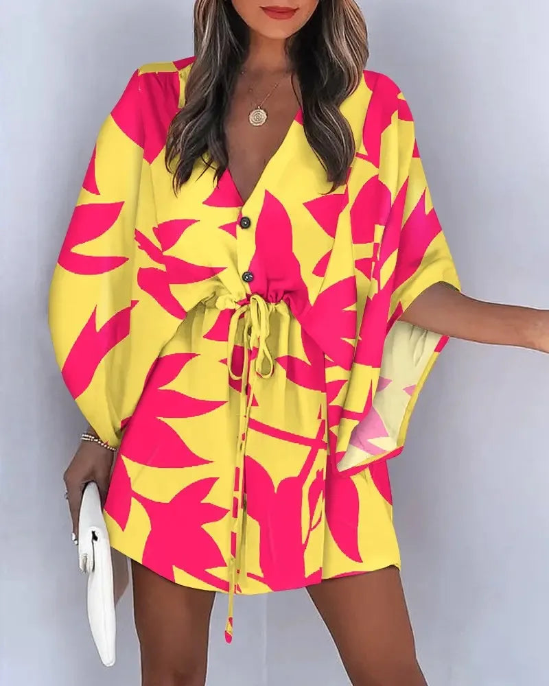 Yellow and pink fashion print V-neck lace-up summer dress with loose sleeves and drawstring waist