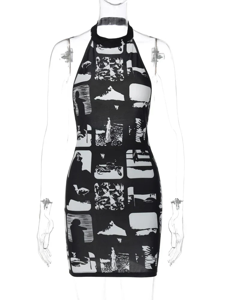Vintage Print Halter Bodycon Mini Dress