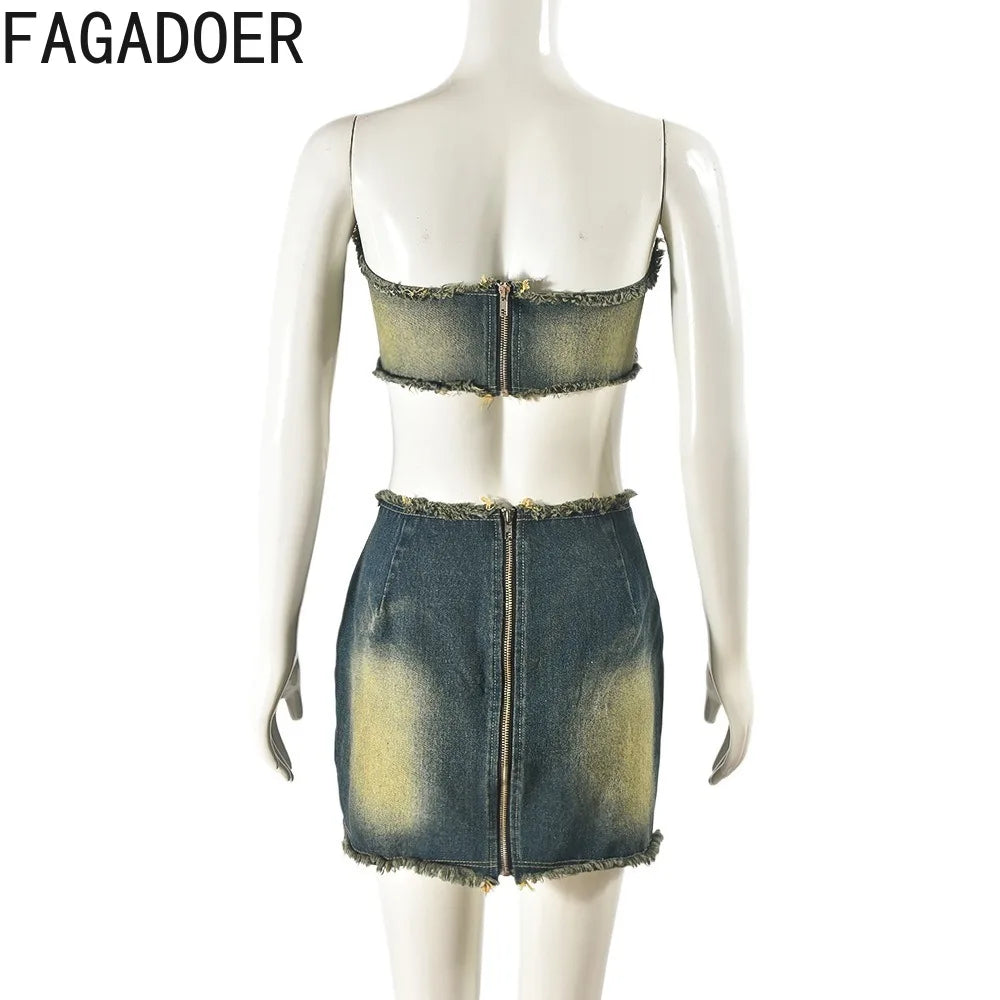 Y2K Denim Two Piece Set - Trendy Mini Skirt