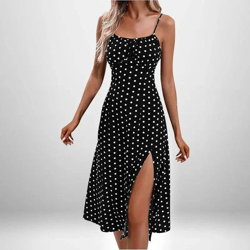 Summer INS Women's black polka dot lace dress with split strap and thigh-high slit