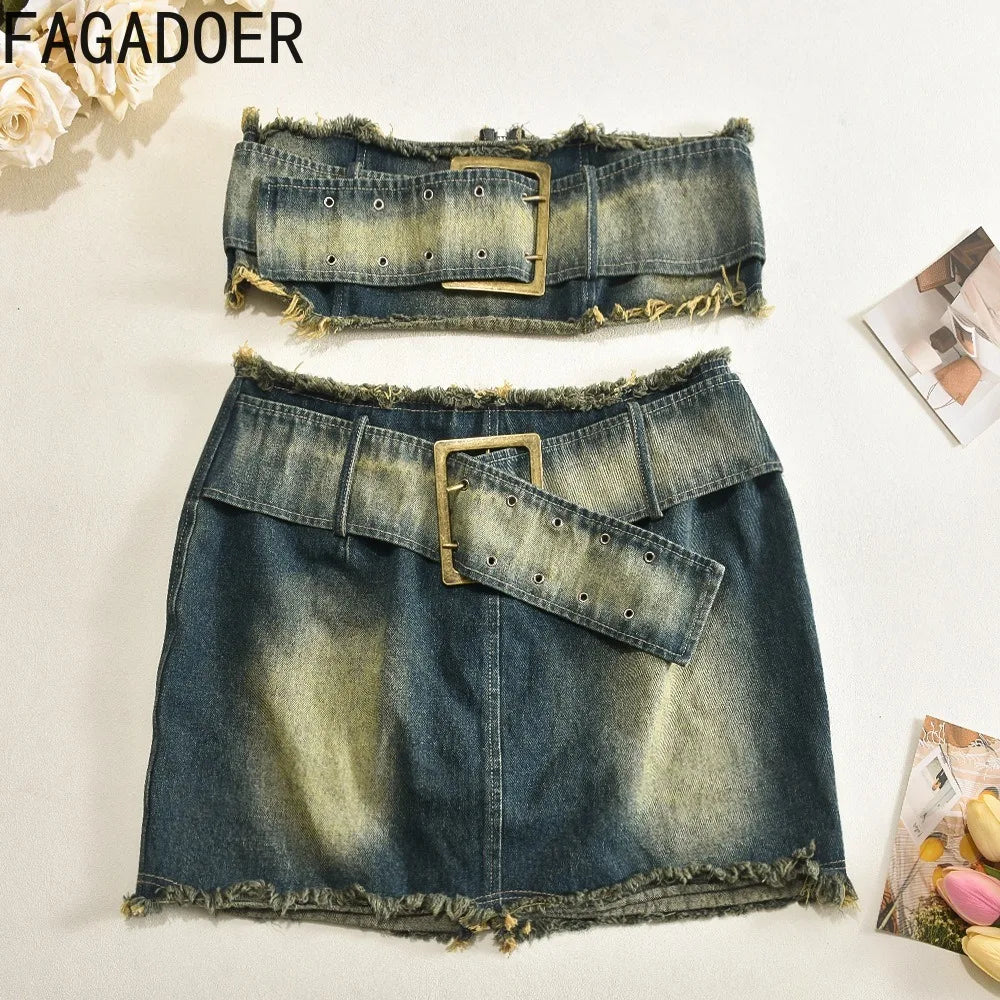 Y2K Denim Two Piece Set - Trendy Mini Skirt