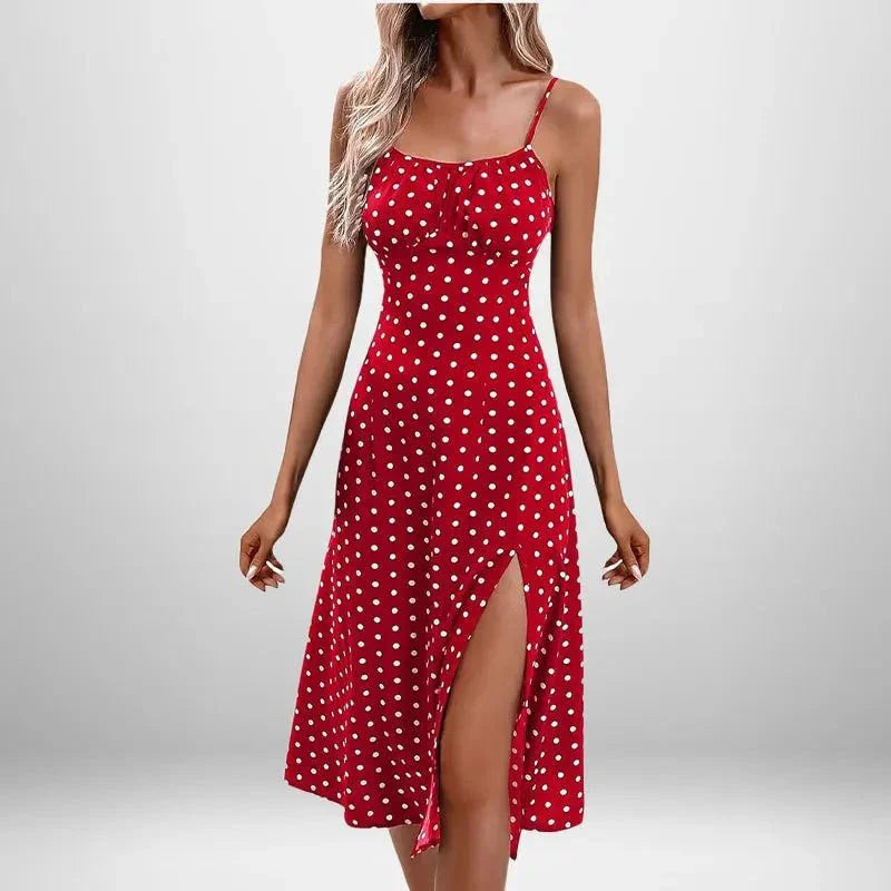 Summer INS Women's red polka dot midi dress with spaghetti straps and thigh-high slit