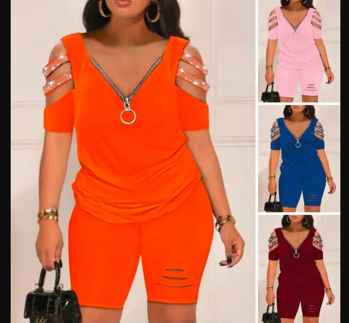 Women wearing stylish Summer Casual Hollow Out 2-piece sets in orange, pink, blue, and burgundy with zipper tops and fitted shorts