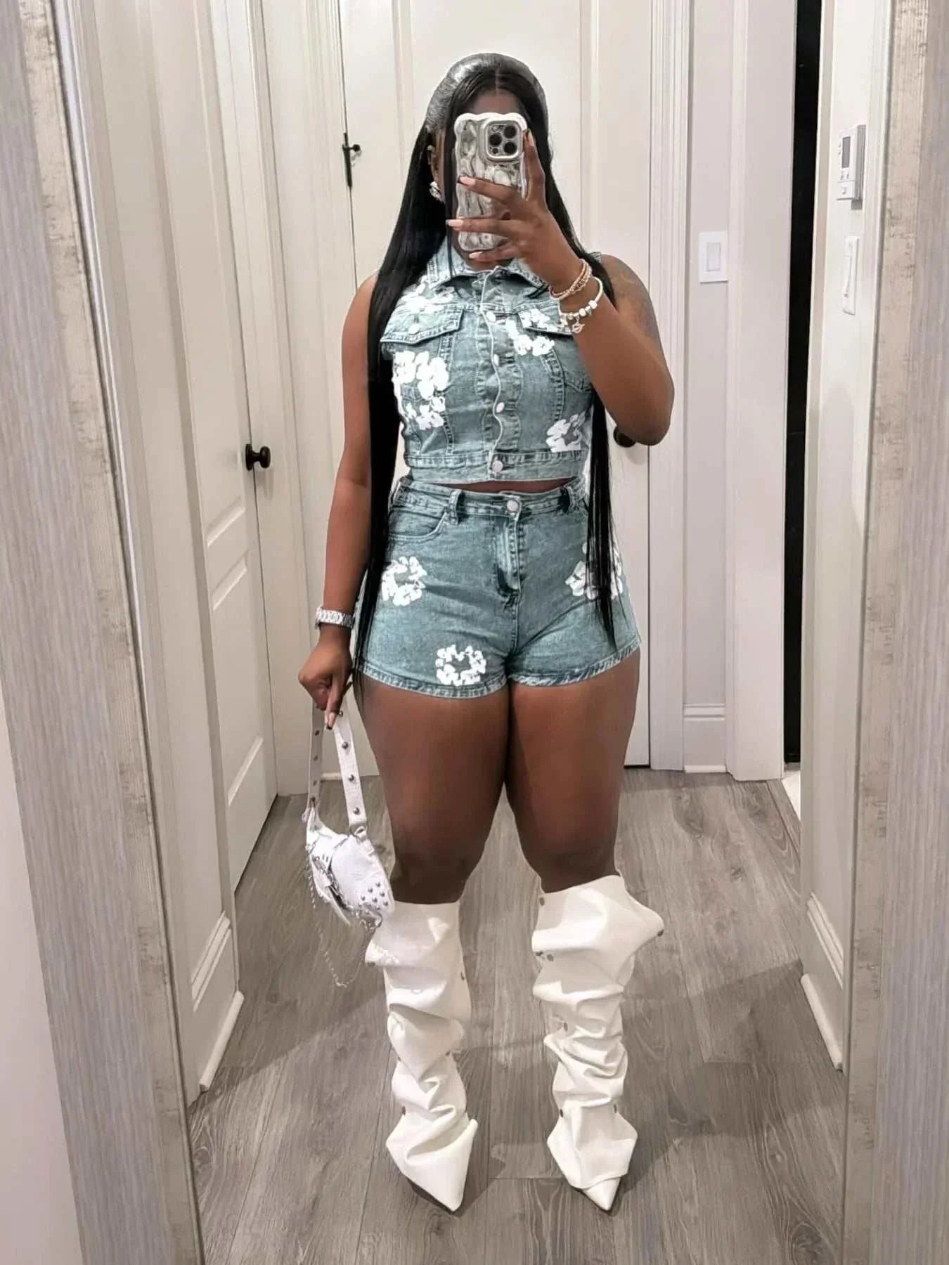 Streetwear Jeans Outfit Set Sexy Women Elegant Two Pieces Jeans Club Matching Top+Shorts