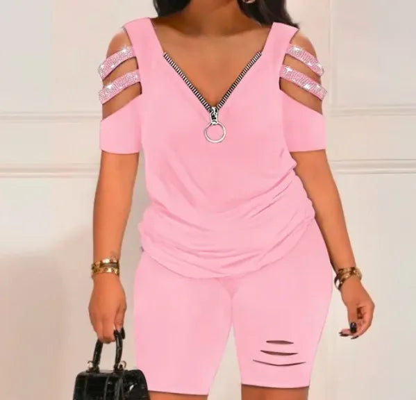 Pink Summer Casual Hollow Out 2-piece set with zip front top and fitted shorts for women