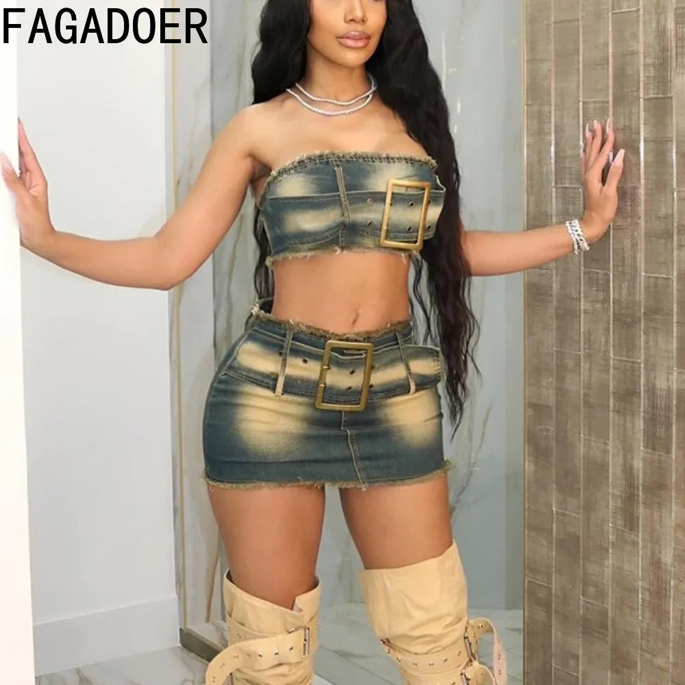 Y2K Denim Two Piece Set - Trendy Mini Skirt