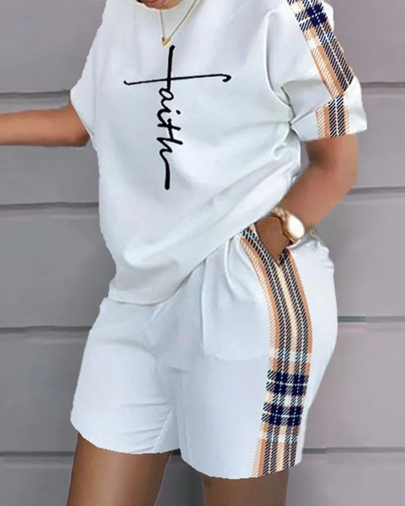 Woman wearing white Summer Casual 2-Piece Outfit with plaid stripe detail on shorts and top sleeves, casual and comfortable style.