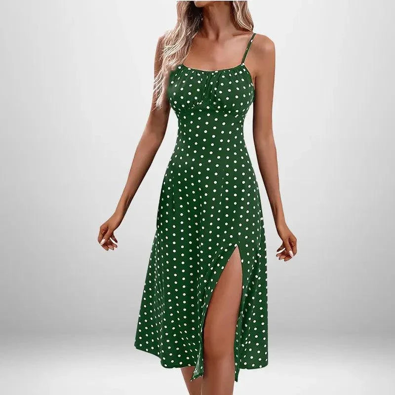 Summer INS Women's green polka dot midi dress with spaghetti straps and thigh-high slit