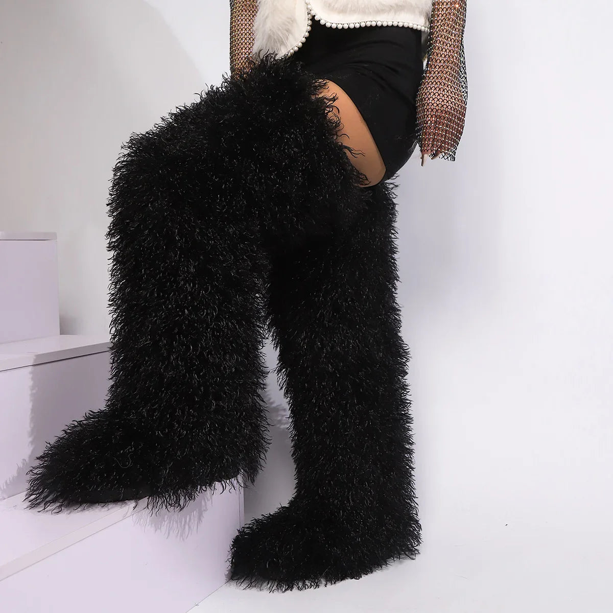 Thigh High Fox Fur Winter Boots for Women