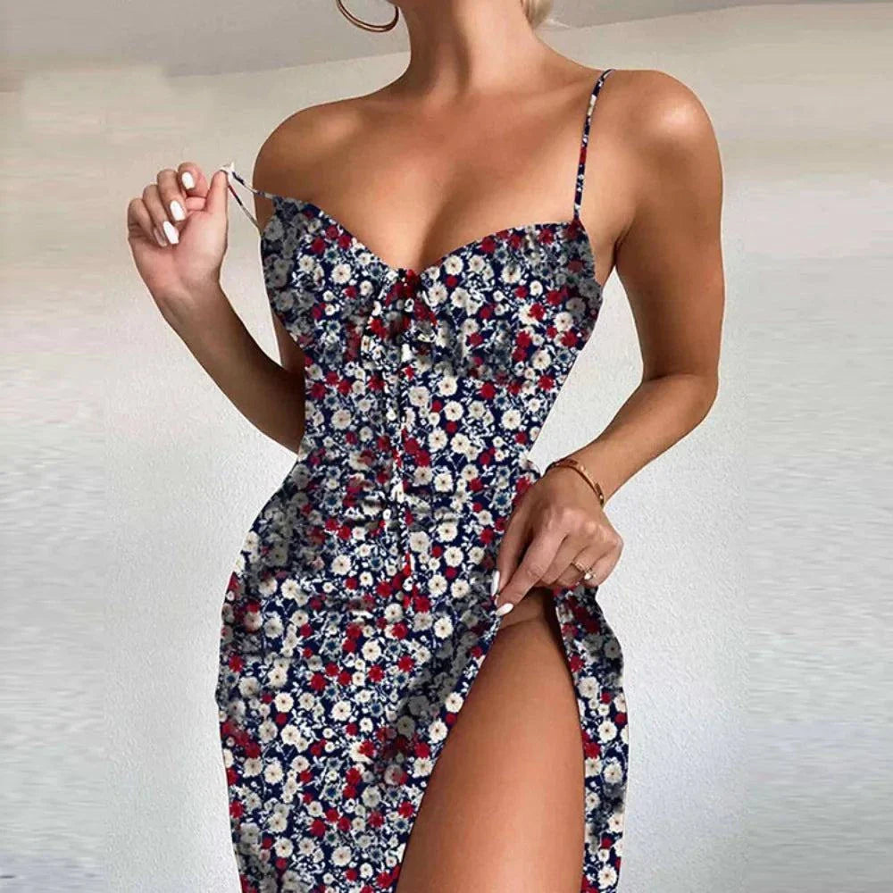 Summer INS Women's sexy floral lace dress with split strap and thigh slit