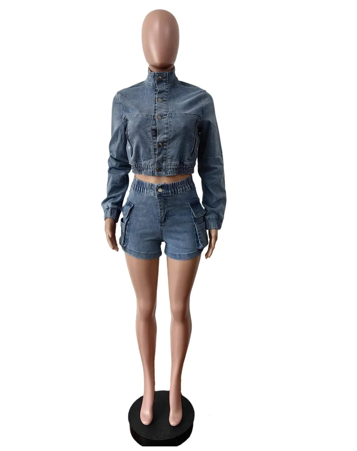 Chic women's multi pocket denim shorts set with matching long-sleeve cropped jacket on mannequin