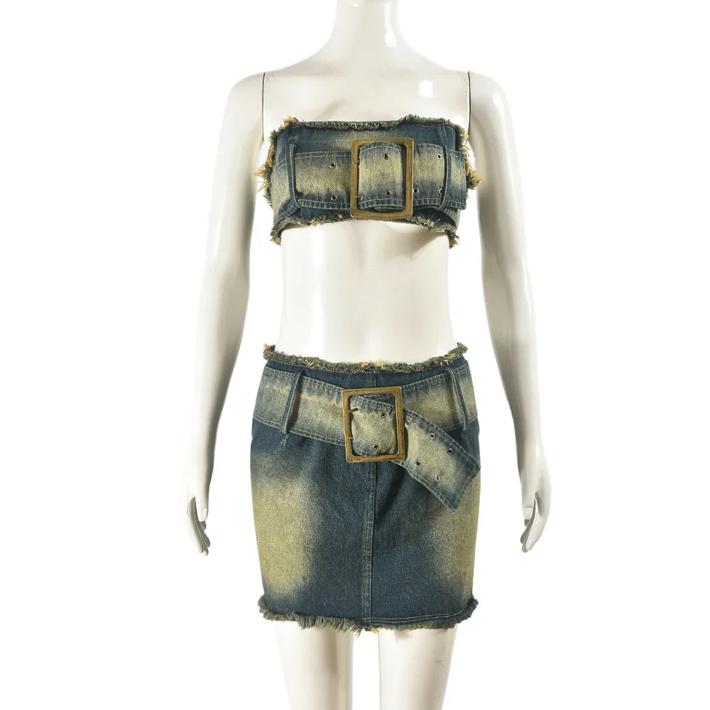 Y2K Denim Two Piece Set - Trendy Mini Skirt
