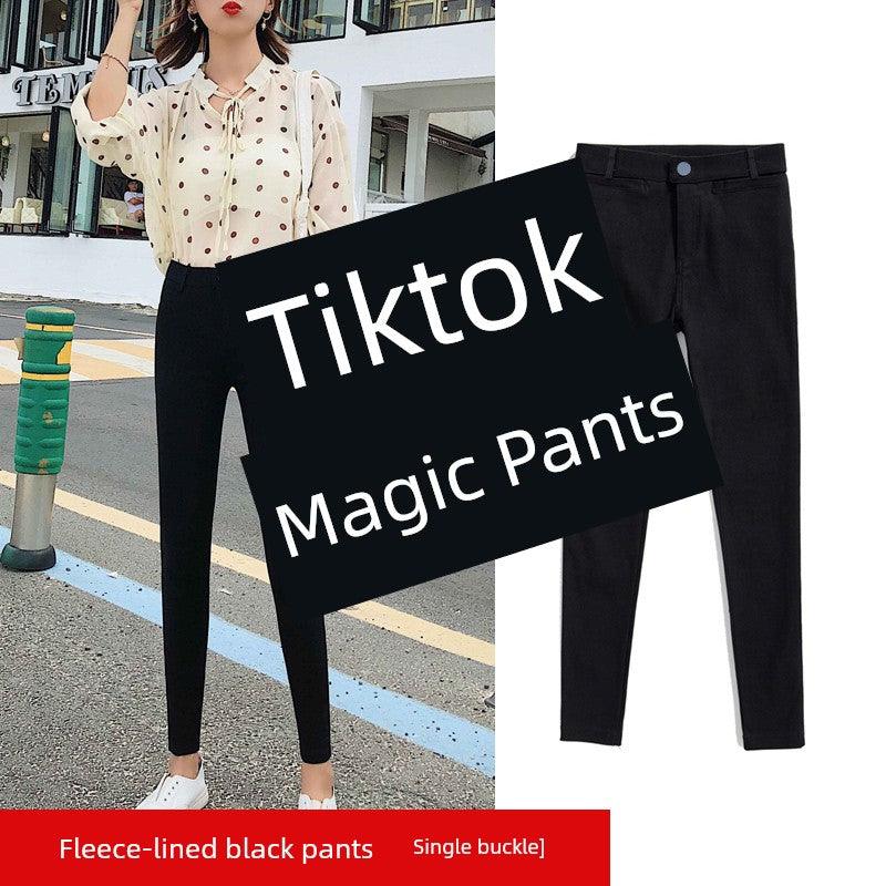 Black fleece-lined skinny leggings for women, ideal for spring and fall, featuring a simple buckle and slim fit design.