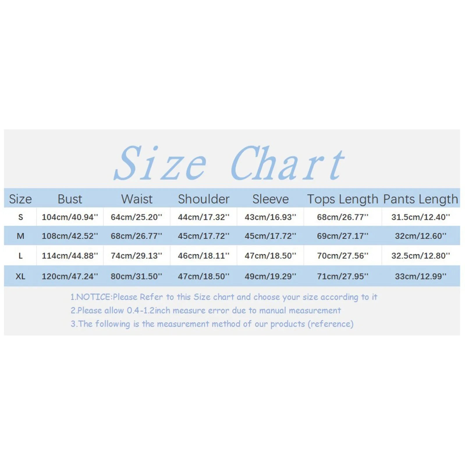Size chart for women's kimono cover up and shorts set showing bust, waist, shoulder, sleeve, tops length, and pants length measurements in cm and inches for sizes S, M, L, and XL