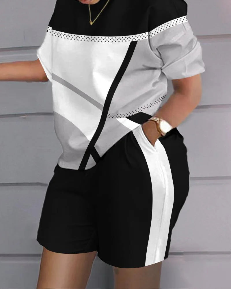 Women’s summer casual 2-piece outfit with black and white geometric printed short-sleeve top and matching shorts with pockets