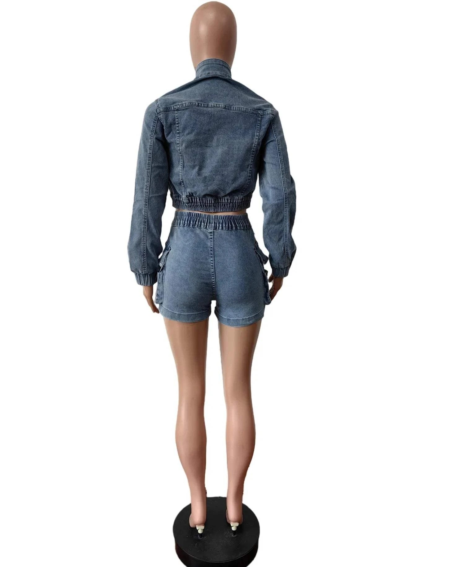 Back view of chic multi pocket denim shorts set for women on mannequin