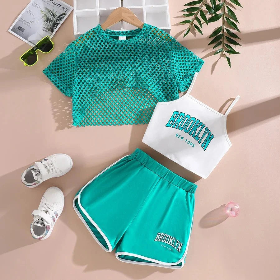 Girls' trendy 3-piece summer outfit set with teal mesh crop top, white Brooklyn print suspender, teal shorts, and white sneakers for casual wear