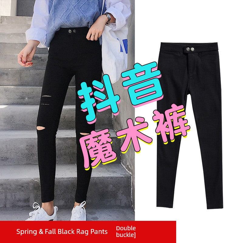 Black ripped leggings for women with double buckle, slim fit skinny pants for spring and fall outwear.