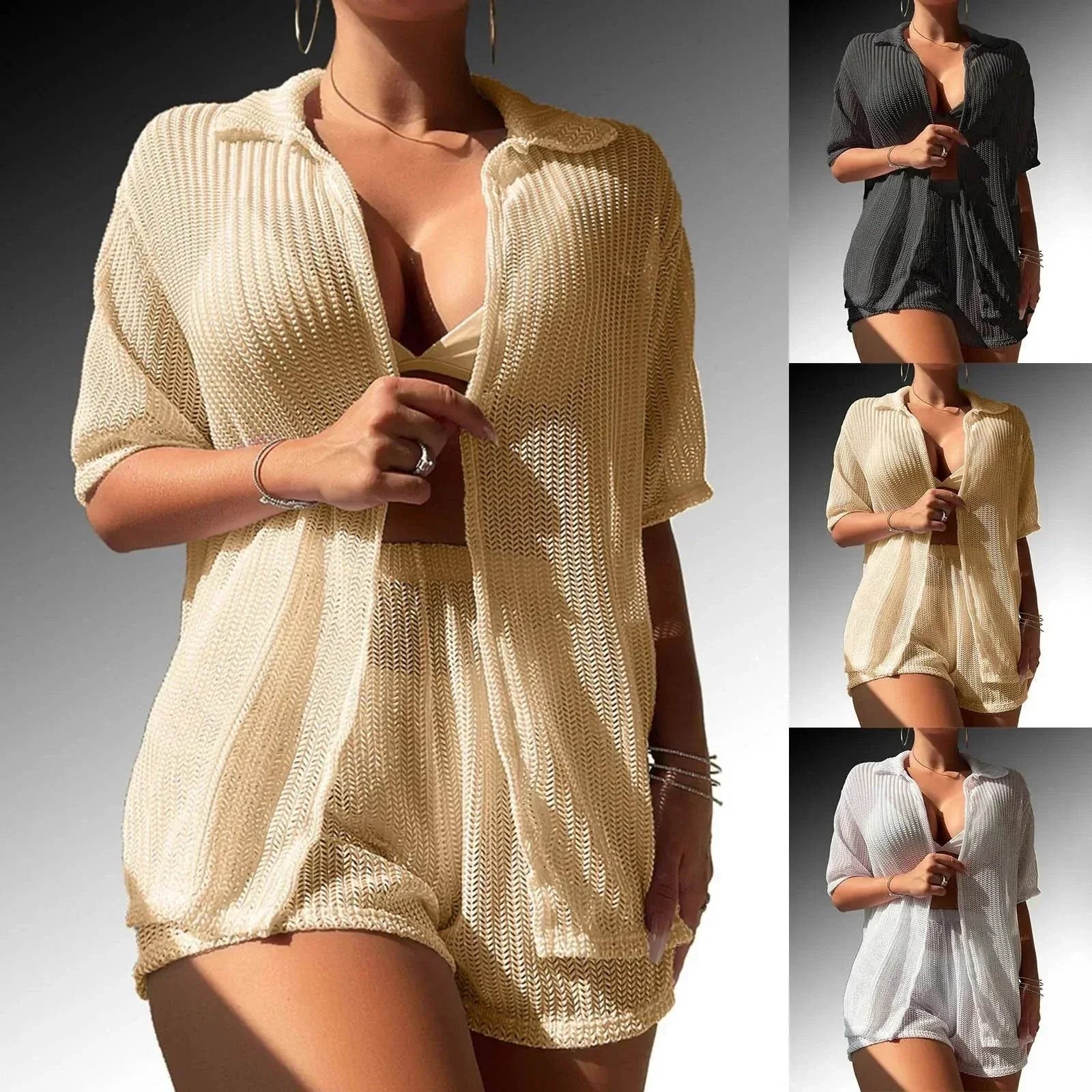Women's lightweight sheer kimono cover up and matching shorts summer set in beige, black, and white colors for beachwear and poolside style