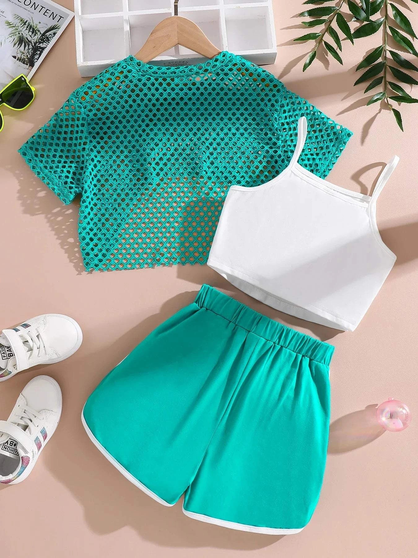 Girls' trendy 3-piece summer outfit set with teal mesh t-shirt, white camisole, and teal shorts with white trim for stylish comfort