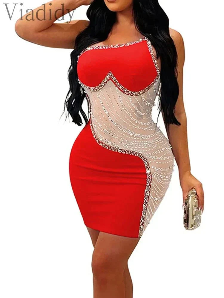 Red rhinestone mesh one shoulder bodycon club dress with sparkling embellishments and zipper detail