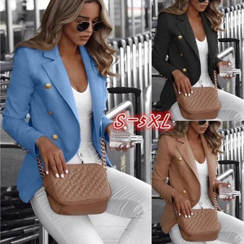 Modern customizable women's blazer suits in blue, black, and brown with slim fit and double-breasted design, styled with white top and tan quilted handbag.