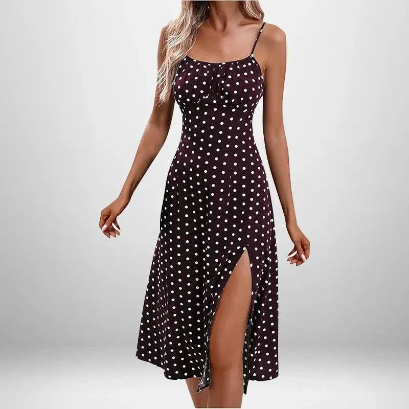 Summer INS Women's sleeveless polka dot dress with split strap and thigh slit design.