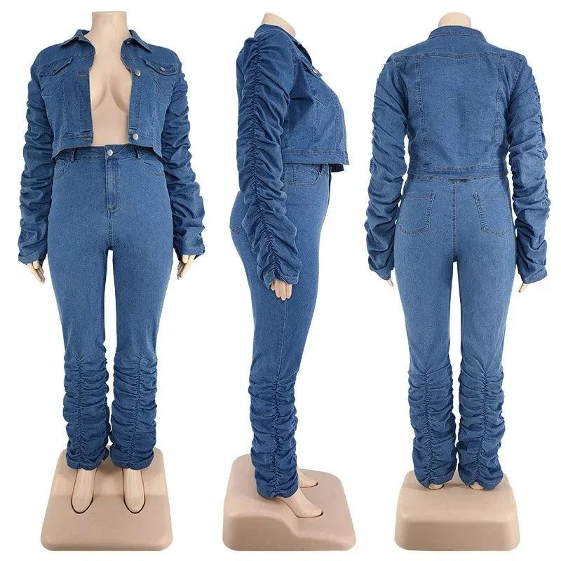 Chic plus size denim two-piece set with ruched puff sleeve jacket and stacked jeans front side and back view