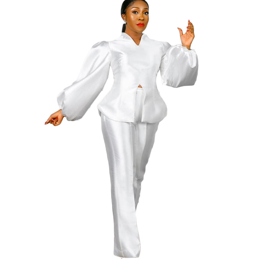 Women's fashion solid color white puff sleeve top with wide leg pants set