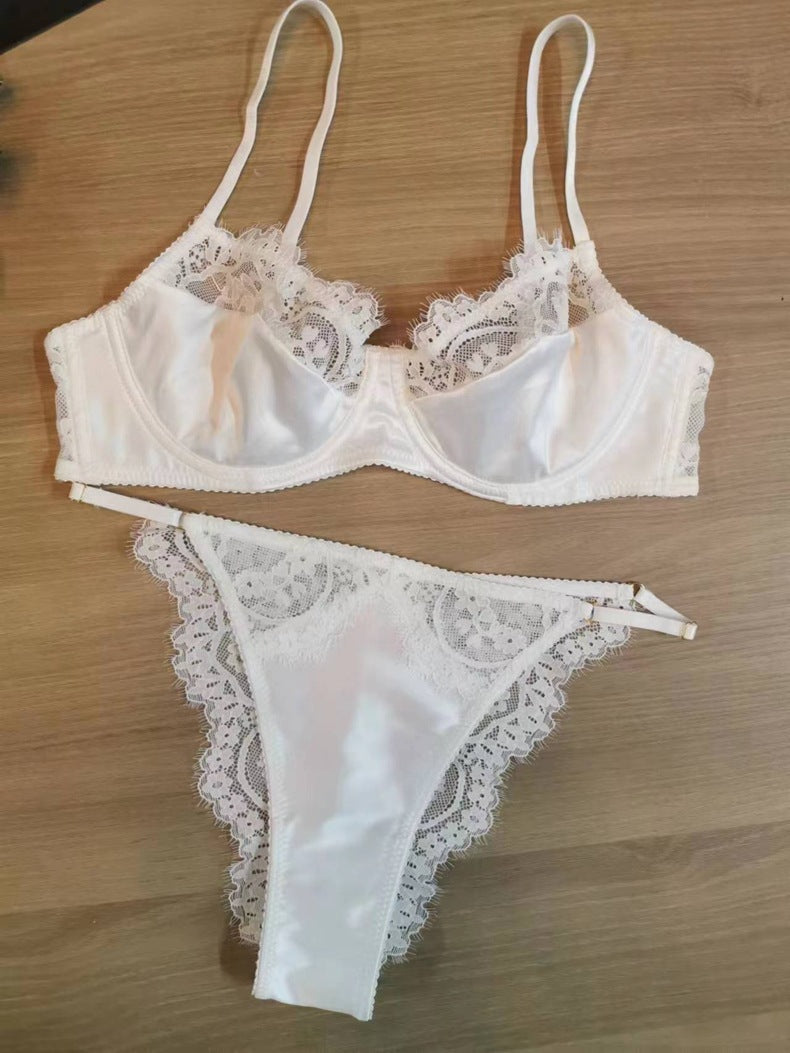 white summer sexy lace lingerie bra and panty set with double shoulder straps and lace detailing