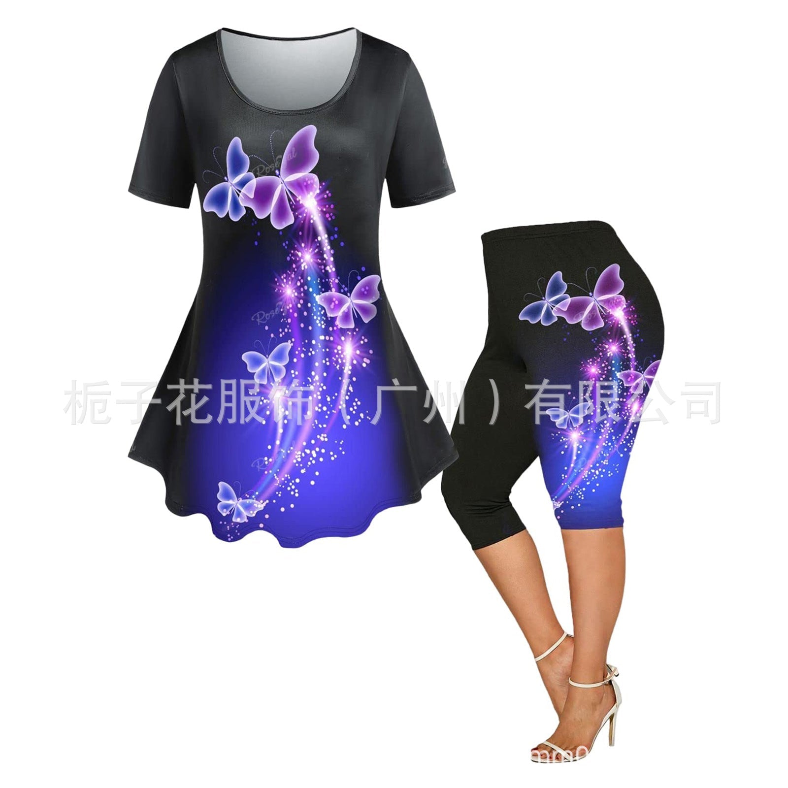 Women's two-piece summer set with short sleeves and butterfly print on black and blue cropped pants