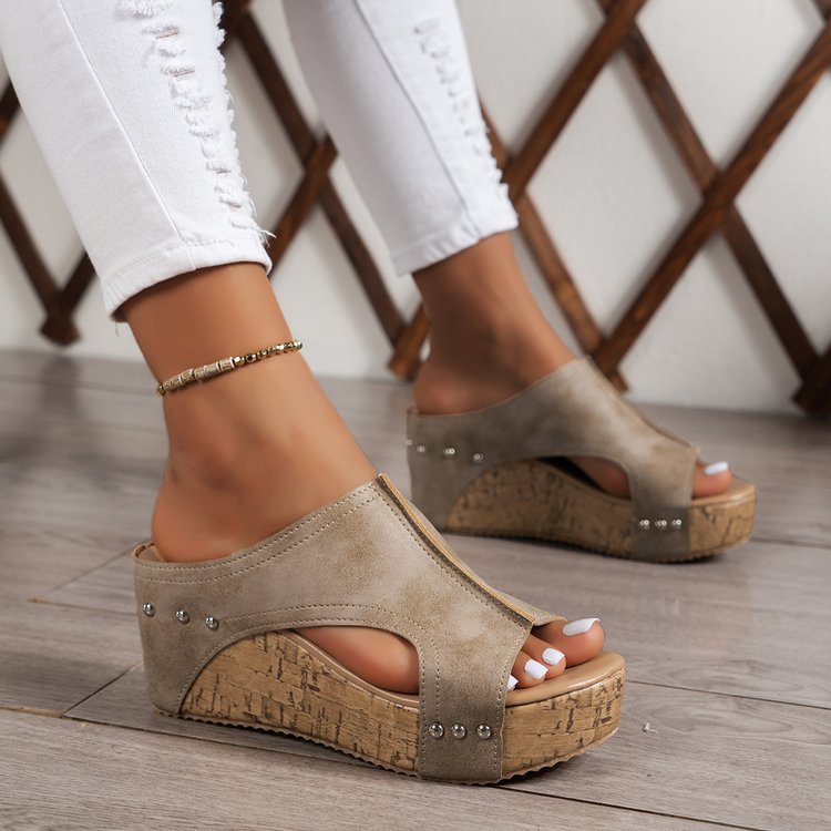 Plus size women's wedge peep toe platform sandals in beige with studded accents and cork sole