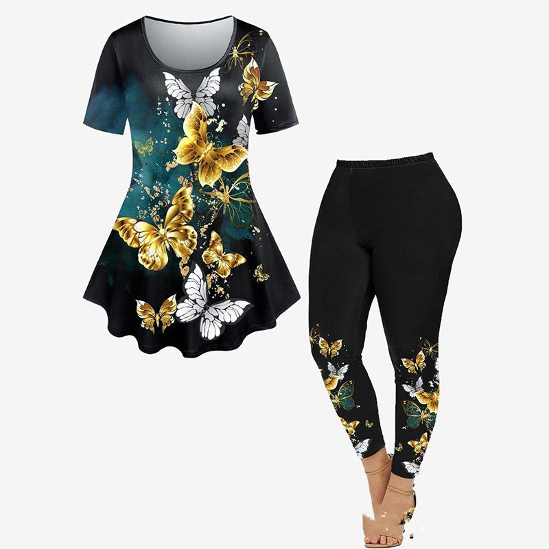 Women's two-piece set with black cropped pants and butterfly floral short-sleeved top in casual Japanese-Korean style