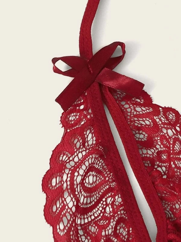 Red lace butterfly bra with delicate floral lace pattern and ribbon detail