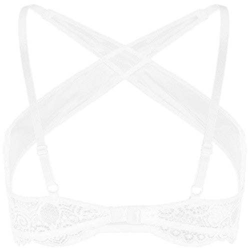 Back view of white sheer floral lace cupless bra with crisscross adjustable straps and hook-and-eye closure