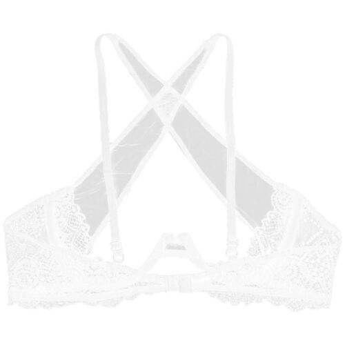White sheer floral lace cupless bra with crisscross adjustable straps and intricate lace detailing.