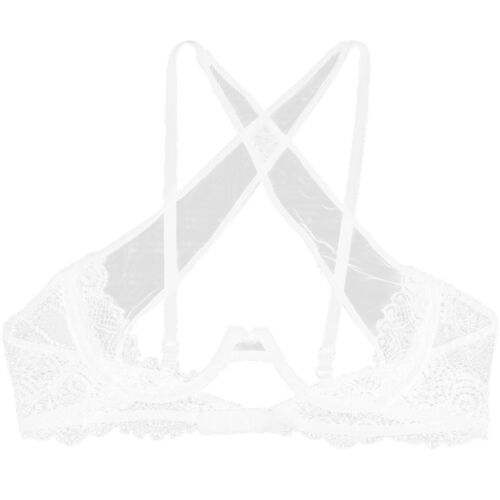 White sheer floral lace cupless bra with adjustable crisscross straps and hook-and-eye closure.