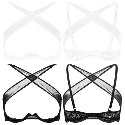 Sheer Floral Lace Cupless Bra with crisscross straps and delicate floral lace detailing in black and white variations.