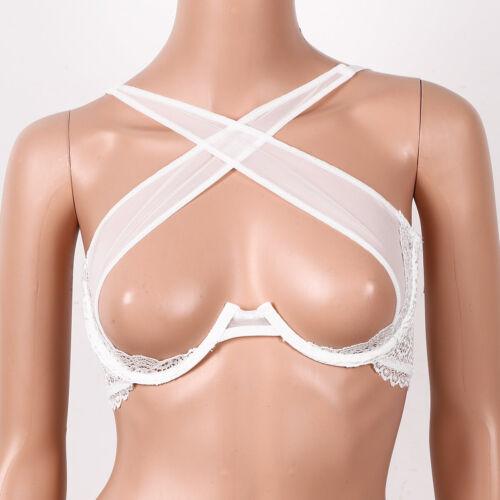 White sheer floral lace cupless bra with crisscross straps on mannequin torso