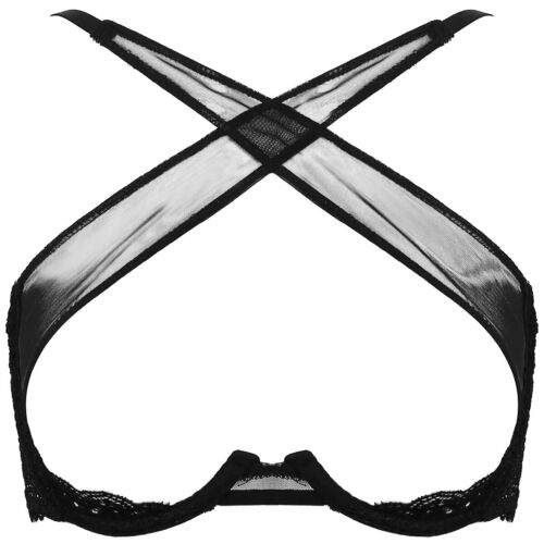 Black sheer floral lace cupless bra with crisscross straps and underwire support.