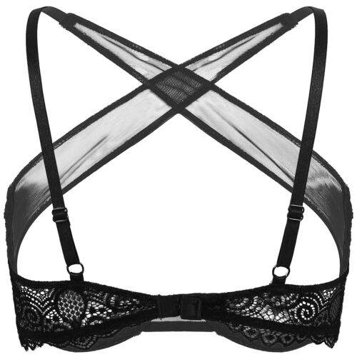 Black sheer floral lace cupless bra with crisscross adjustable straps and hook-and-eye back closure